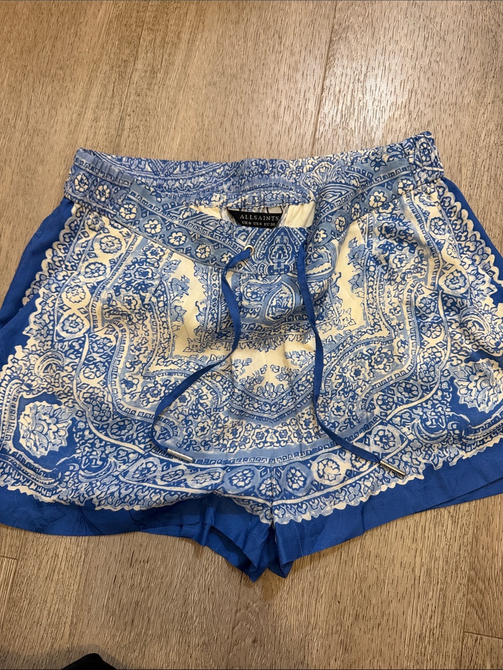 All Saints Blue & Cream Paisley High-Waist Drawstring Shorts